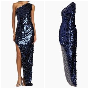 New Bronx and Banco Farah Sequined Asymmetric Navy Evening Gown Large NWT